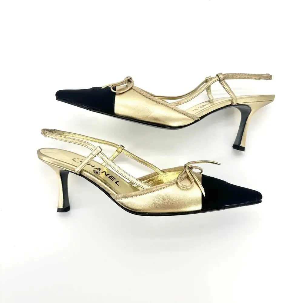 Vintage Chanel CC Logo Bow Cap Toe Slingback Pumps 37
